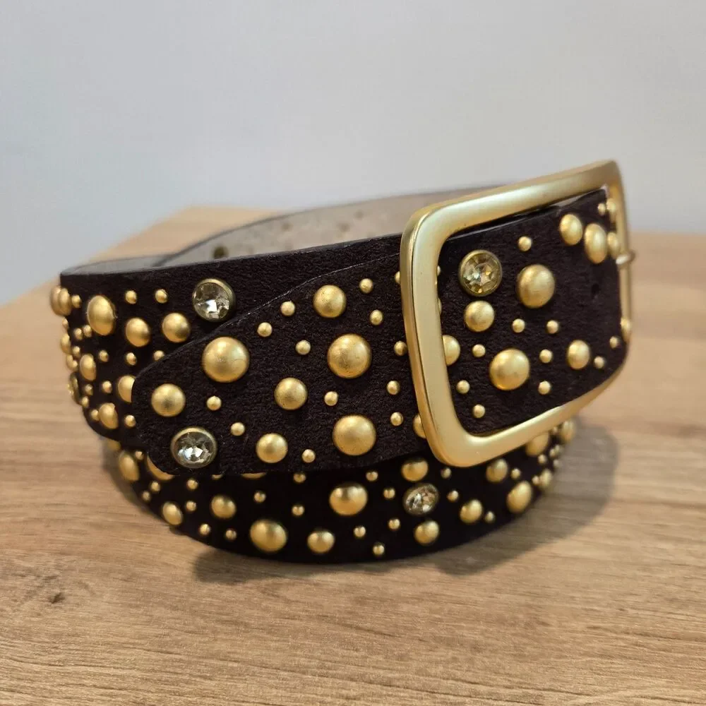 Studded Brown Gold Womens Belt Unmarked Biker 33